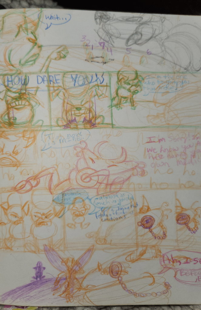 Color pencil drawing of a comic page.