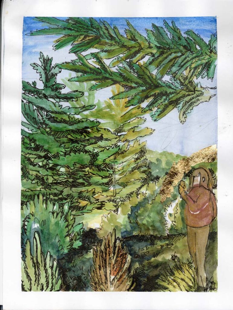 Watercolor of a woman in a forest