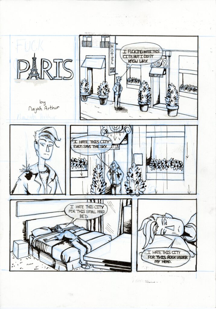 Inked comic page about France