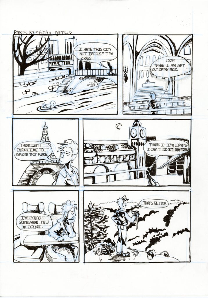 Inked comic page about France