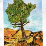A watercolor of a lone cedar tree stood in the shadow of an ochre mine.